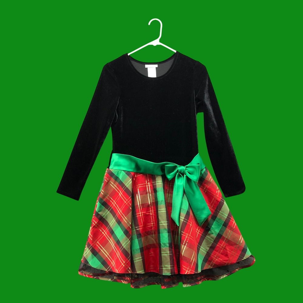 Bonnie Jean Girls Size 14 Velvet Metallic Tartan Plaid Holiday Dress Green Bow